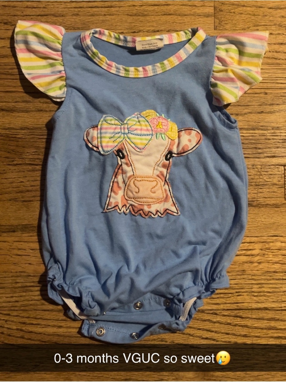Blue Baby Onesie with Colorful Cow Applique